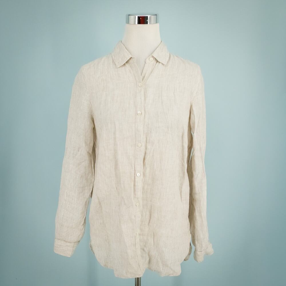 J. McLaughlin Size XS Britt Tan Stripe Collared Button Long Sleeve Linen Top